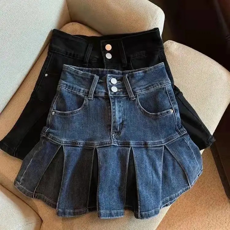 Little Girls' Han Version Pleated Denim Skirt for Autumn/Winter New Washed Soft Denim Stretch Waist Anti-Flash A-Line Short Skirt