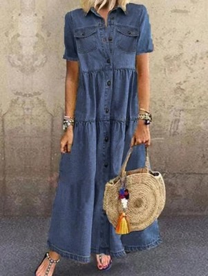 2024 independent station AliExpress new European and American Denim style long multi-button distressed dress