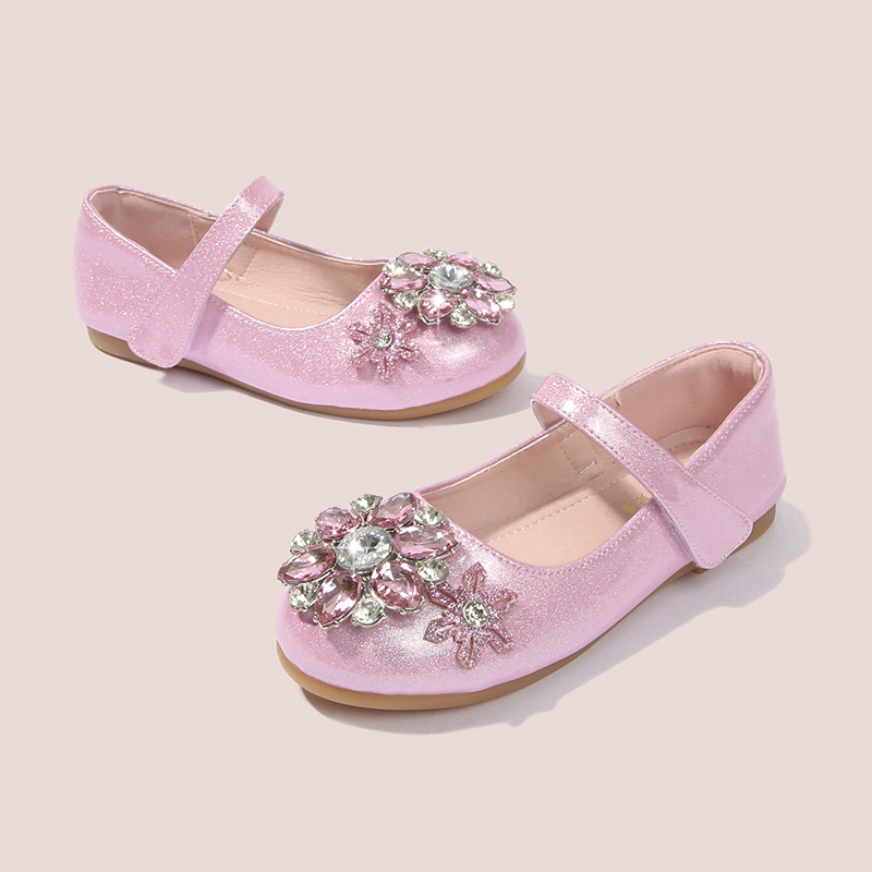 Girls Princess Shoes Spring and Autumn New Aisha Silver Crystal Shoes Little Girls Flat Shoes Soft Sole Shoes Children's Performance