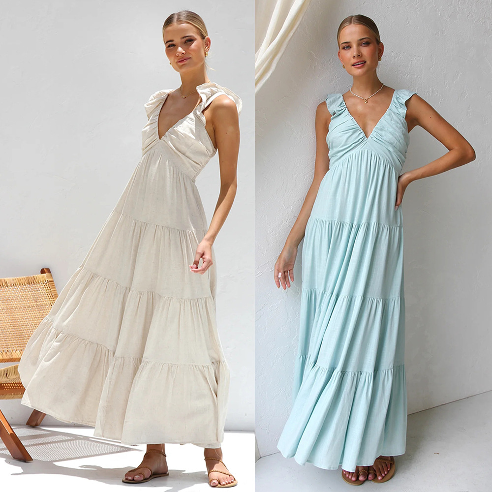 2024 spring and summer European and American cross-border V-neck sexy cotton linen sleeveless solid color lace strap holiday beach dress