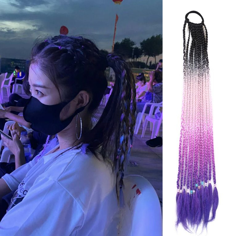 Cross-border wholesale wig women's long hair four-color ponytail braids hip-hop twist gradient ethnic style European and American dirty braids