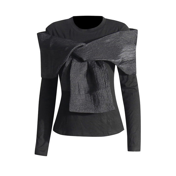 Fashion Net red niche style 2024 spring new round neck long sleeve personality cross bow solid color T-shirt for women