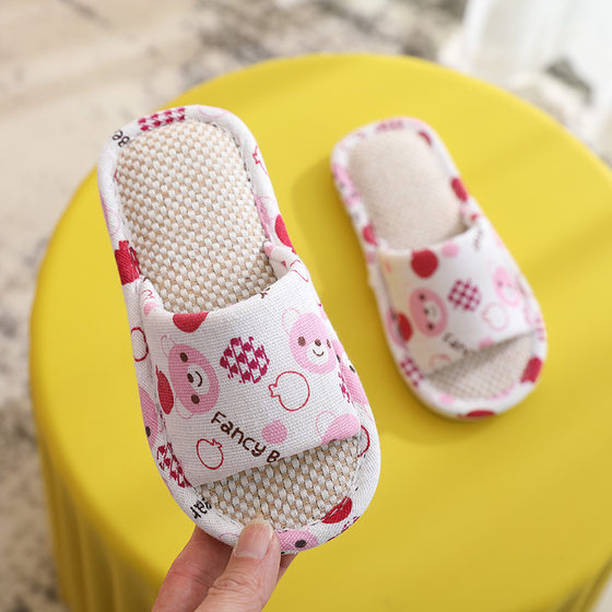 New Four Seasons linen slippers children's simple cartoon cute boys and girls home indoor non-slip sweat-absorbing