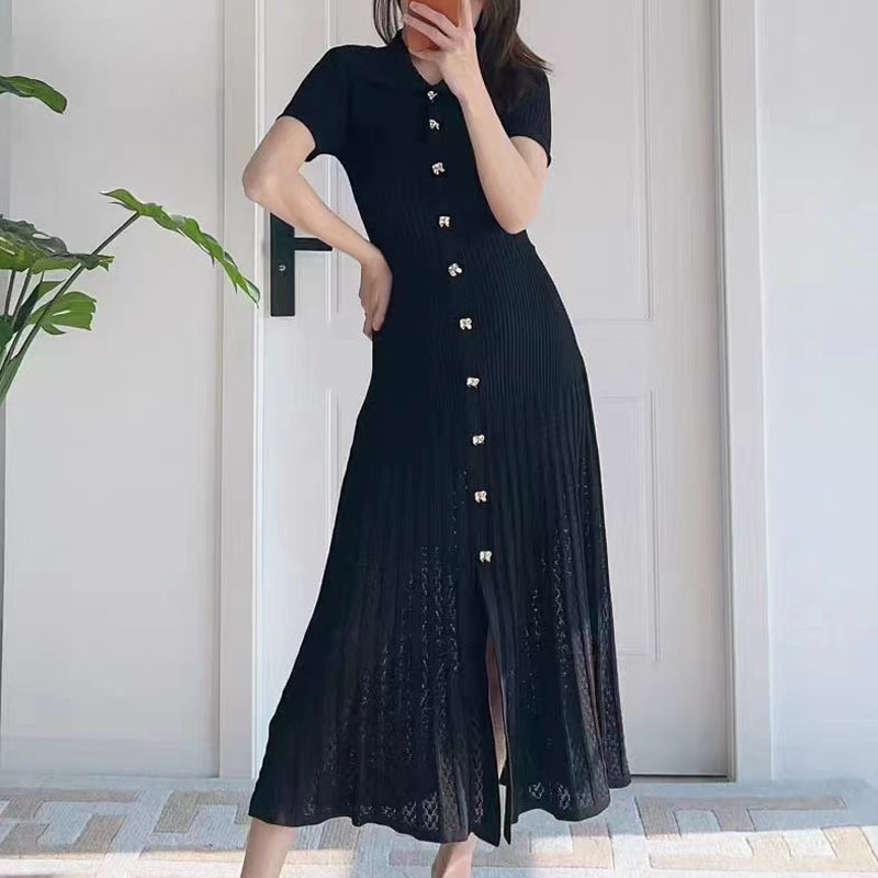 Foreign trade new dopamine 130 long skirt polo collar pullover long temperament dress hollow knit dress