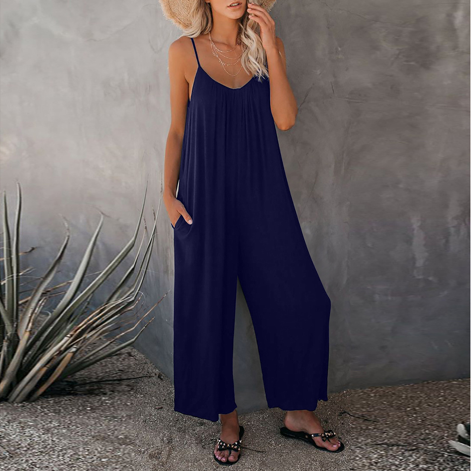 Amazon European and American Strap Jumpsuit Women's 2023 Summer New Cross-border Solid Color Pocket Casual Jumpsuit