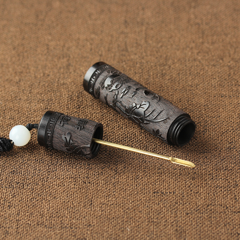 Factory supply Ebony carved snuff bottle solid wood with brass spoon lanyard snuff bottle experience wholesale