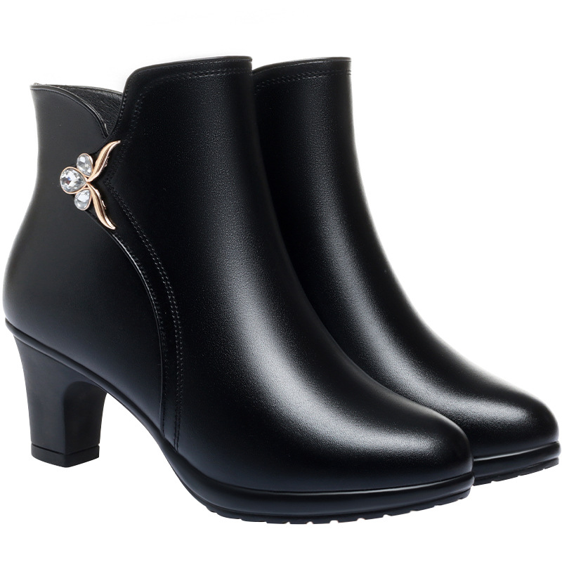 Middle-aged Mom Shoes All-match Fleece-lined Short Boots Warm Large Cotton Leather Shoes Middle-aged and Elderly Boots Autumn and Winter Women's Shoes Mid-heel Cotton Shoes