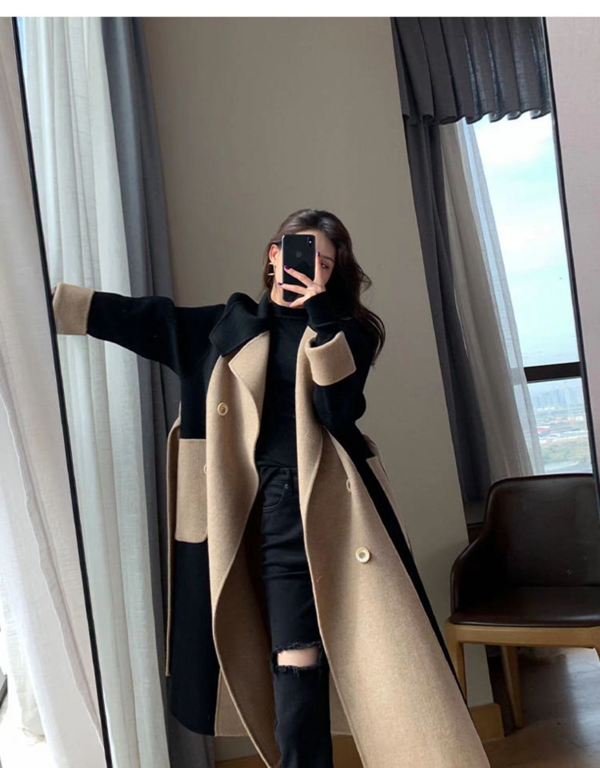 Uldfrakke Dame lang 2023 vinter Ny dobbeltsidet fleece uld farveblok Elegant Hepburn stil slankende frakke_voghion.com