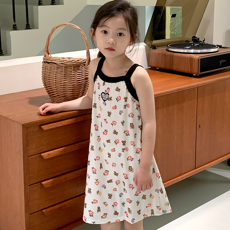 Summer 2024 Girls cute plaid suspender skirt small and medium children floral casual home dress baby Beach Skirt