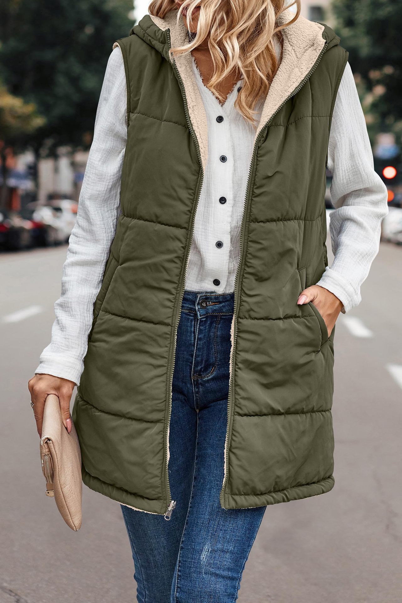 In stock 2023 new European and American solid color hooded cotton-padded vest double-sided warm cardigan windproof coat_voghion.com