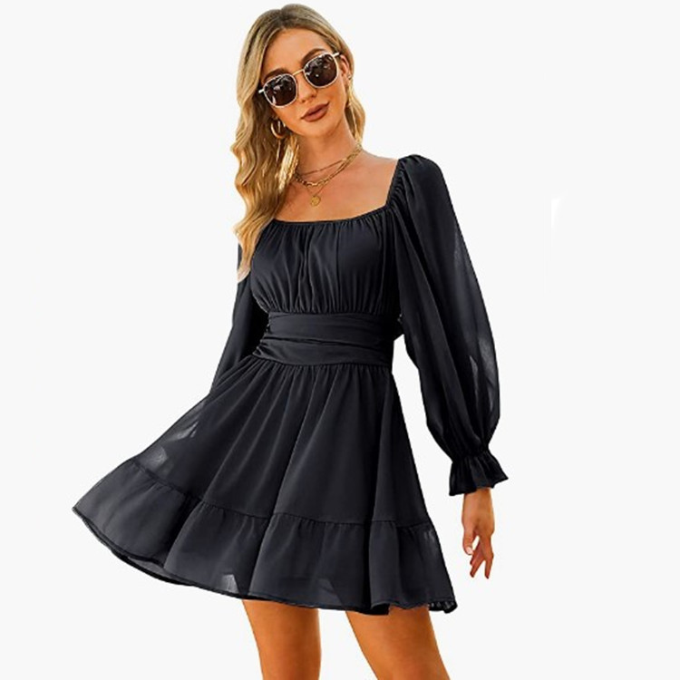 Chiffon Dress 2022 Autumn New Quad Collar Women's Amazon Lantern Sleeve Backless Belted Skirt