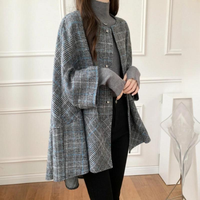 Mid-length cardigan round neck plaid coat cape for women 2024 autumn and winter New Korean style fashion trendy coat for women_voghion.com