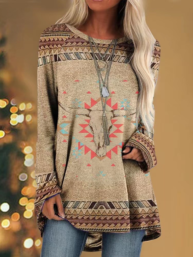 Independent station cross-border women's clothing European and American popular printed round neck Western style raglan sleeve loose T-shirt women's top 0917#