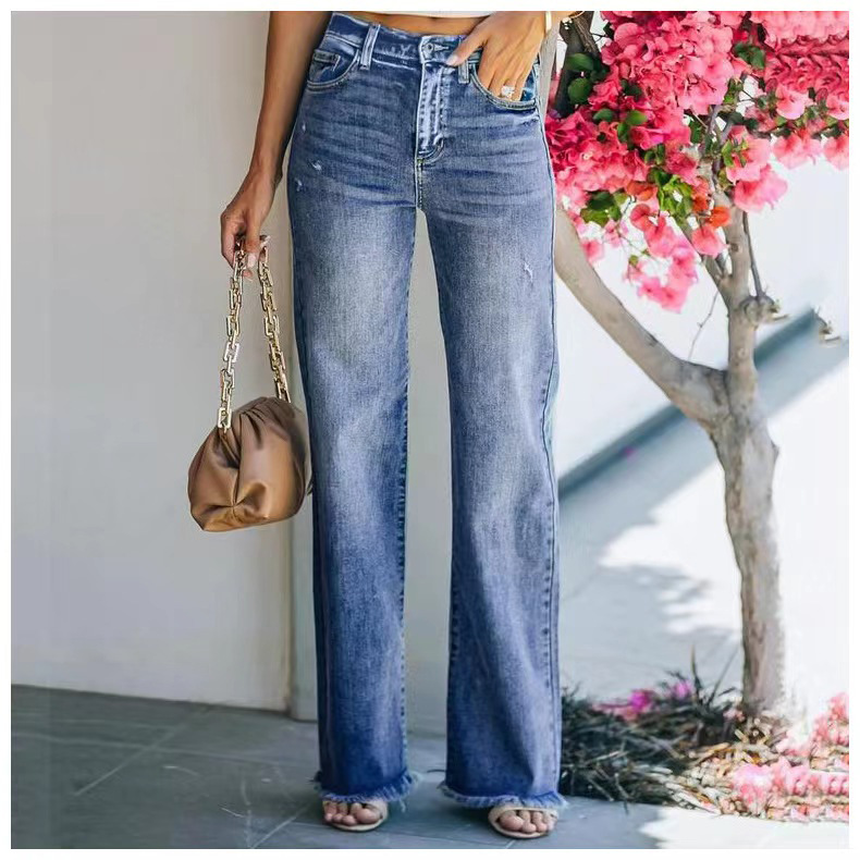 Cross-border exclusive for good quality Amazon independent station New washed raw edge jeans women's waist loose straight pants