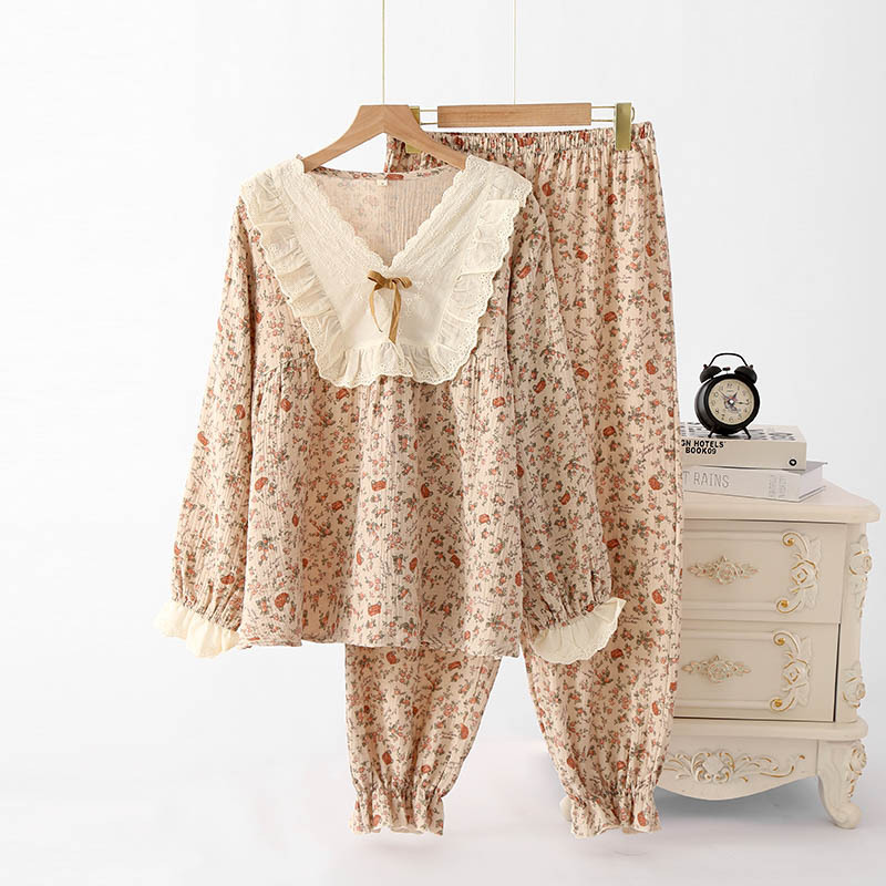 Crepe Vintage Small V-neck Pure Cotton Spring and Autumn Women's Long-sleeved Trousers Home Clothes Pajamas suit seersucker pajamas