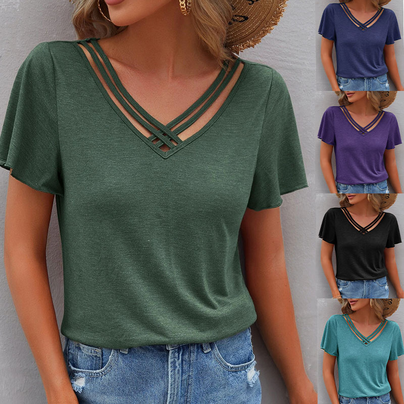 2023 Summer New Independent Station Amazon Hot Selling European and American Women's Solid Color Lotus Leaf Sleeve Short Sleeve Top T-shirt