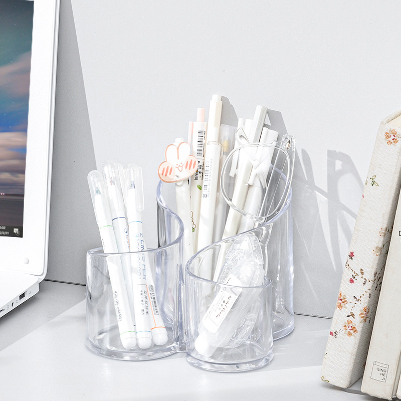 Makeup brush storage bin, eyebrow pencil lipstick 3-grid cylinder, desk cosmetic storage box, S-shaped acrylic transparent pen holder