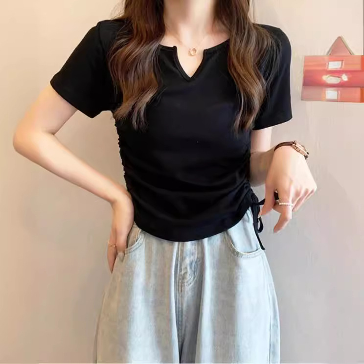 Design sense V-neck drawstring slim-fit pure desire style short-sleeved T-shirt women's clothing 2023 Summer new Pure Color student shirt fashion