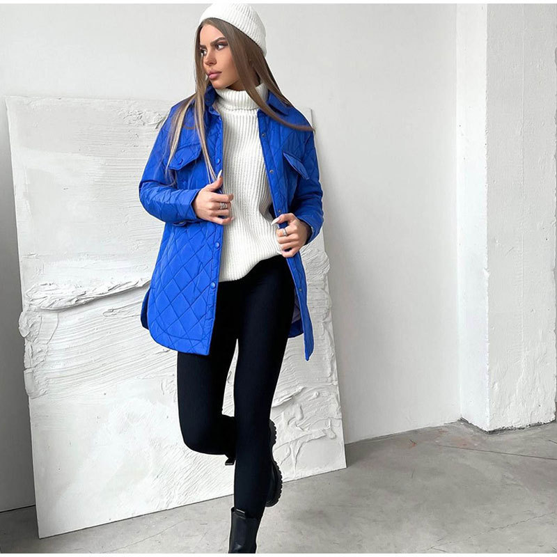 Long Breasted Lapel Loose Warm Plaid Cotton-padded Coat New Arrival 2022 Autumn and Winter All-match Thickened Cotton-padded Coat Women's European and American Style