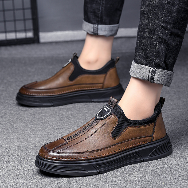 2023 Cotton Same Solid Color Casual Men's Shoes Daily Travel Trendy Board Shoes Low-top Black Round-toe Leather Shoes for Men