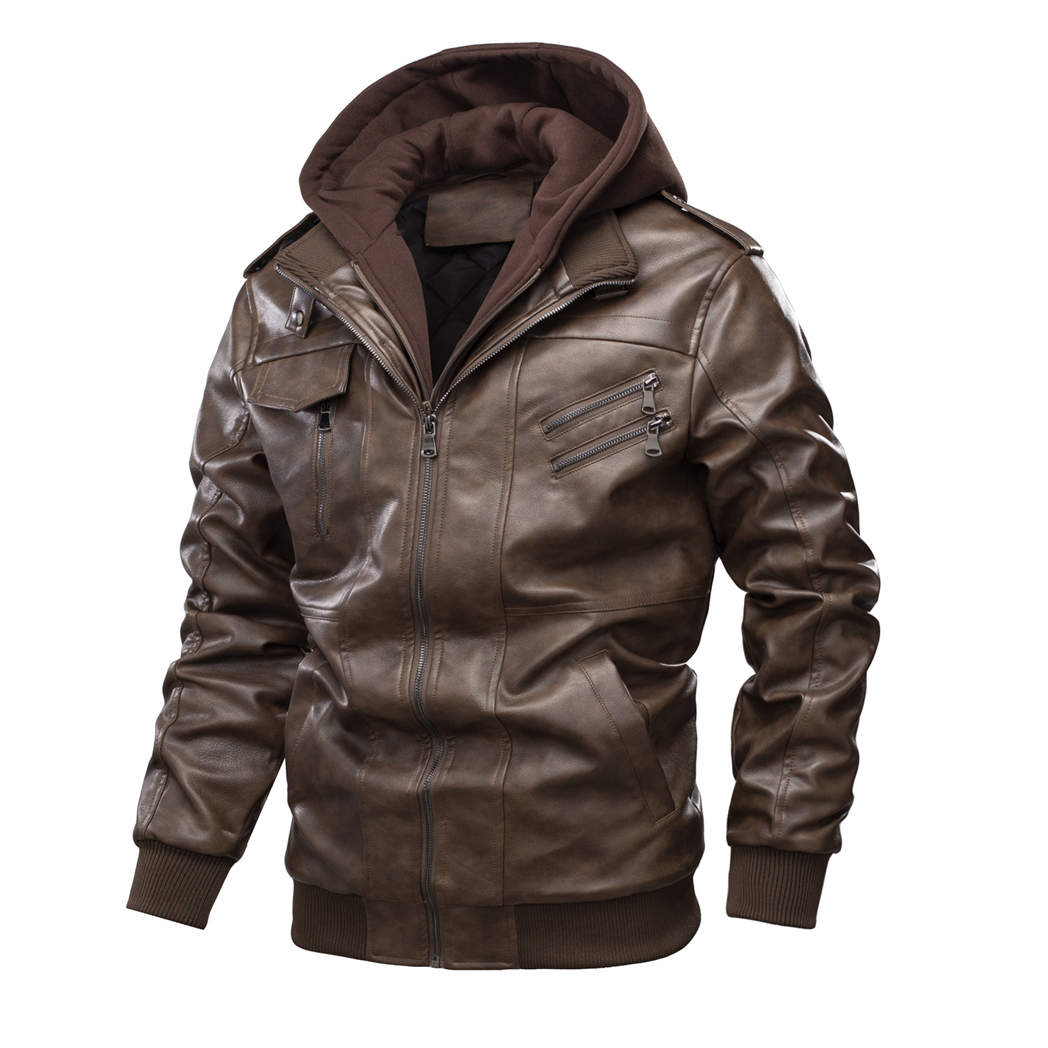 American Size Men's Casual Foreign Trade Motorcycle Puleather Clothes Pin Cotton Warm Jacket Thickened Detachable Hooded Large Size Jacket