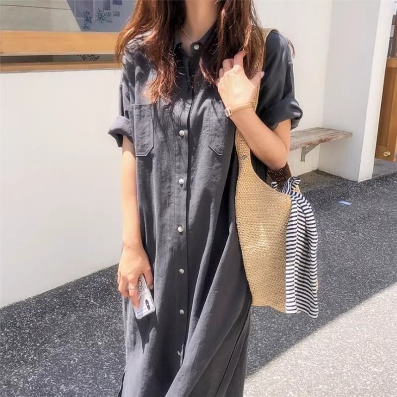 Cotton and Linen Shirt Dress Women's Summer Simple Long Tencel Ramie Short-sleeved Dress Over-the-knee Long Dress