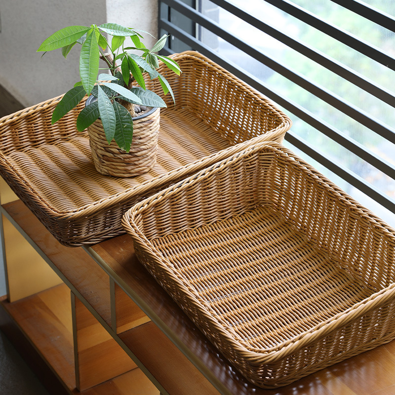 日本式デスクトップ収納かご雑誌かごプラスチック藤編スーパー果物野菜陳列展示かご果物パンかご|undefined