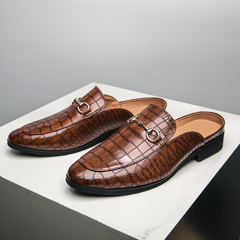 Summer 47 Large Size 48 Half Slippers Men's Shoes Crocodile Pattern Non-Slip British Lazy Shoes Casual Shoes Personalized Leather Shoes