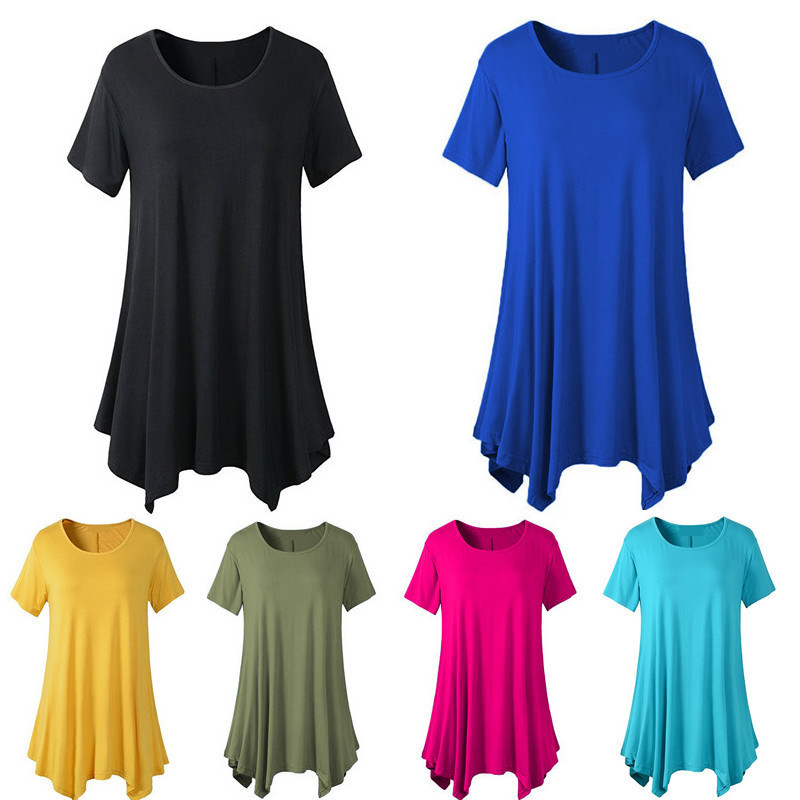 European and American Cross-border Trade eBay Large Size Women's Summer Mid-length Short-sleeved T-shirt Loose Round Neck Solid Color Base Shirt