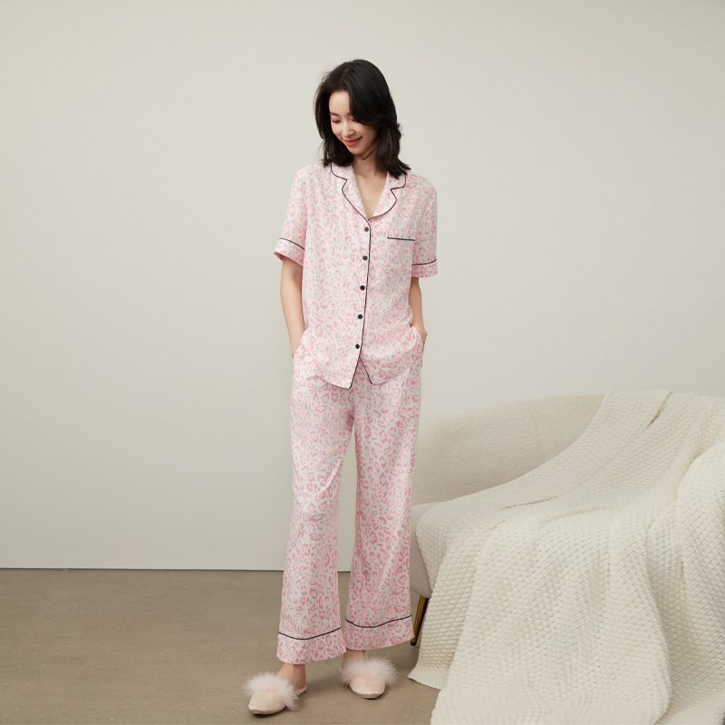 Tencel lyocell spring/summer thin pajamas home wear summer pink leopard print plus size short sleeve cool cardigan suit