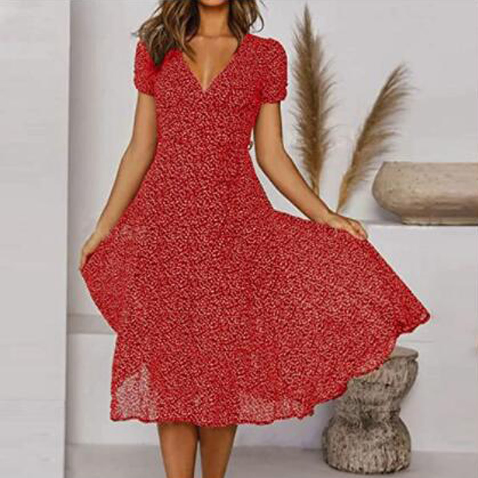 2021 spring and summer cross-border women's clothing eaby Amazon popular short sleeve V-neck sexy floral dot print dress