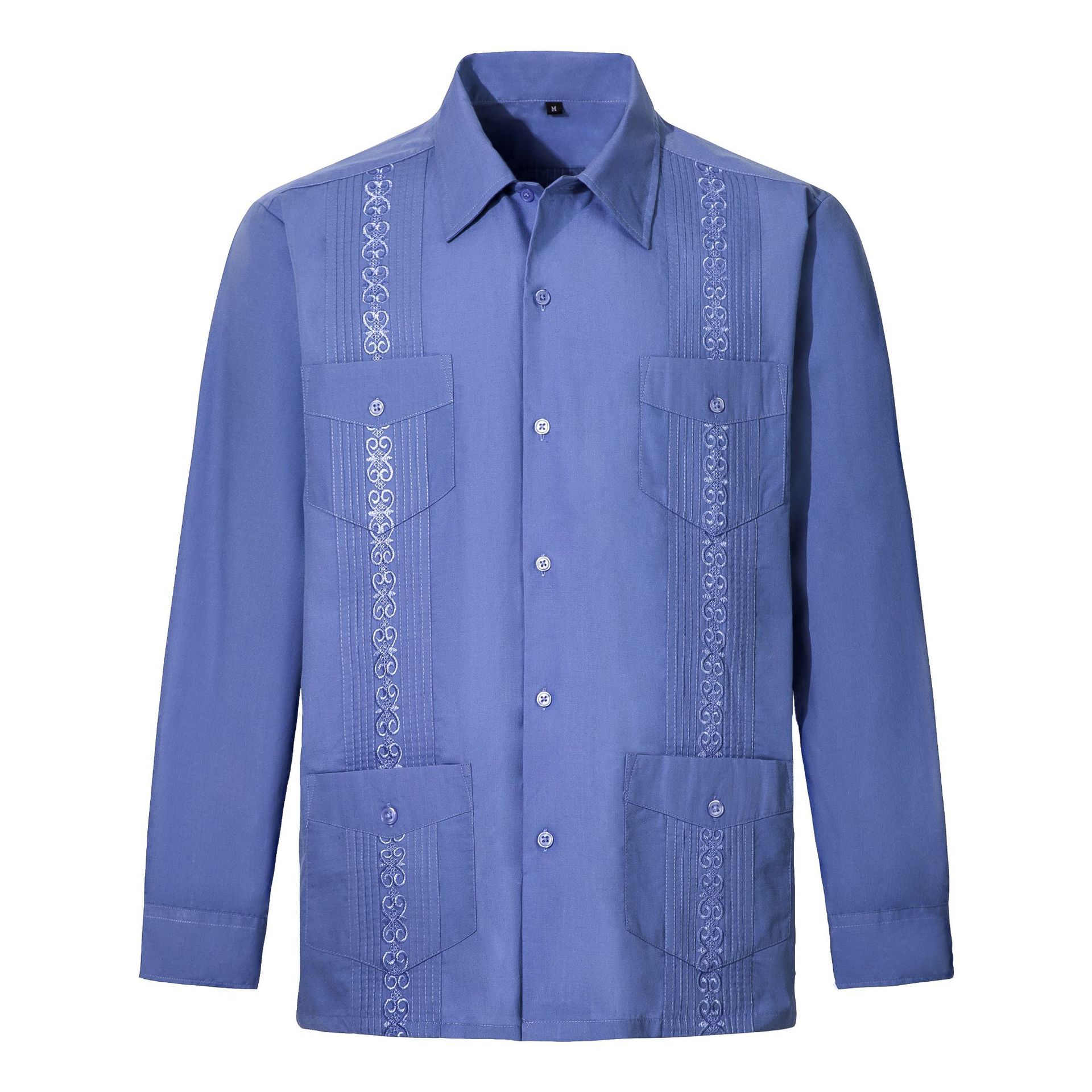 European and American Explosions Men's Guayabelala Shirt Men's Long Sleeve Four Pocket Shirt Factory Outlet