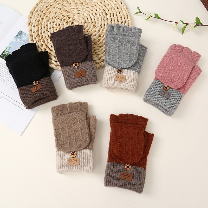 Half finger flip gloves winter warm fleece-lined cold-proof gloves wool knitted gloves autumn and winter open finger finger gloves