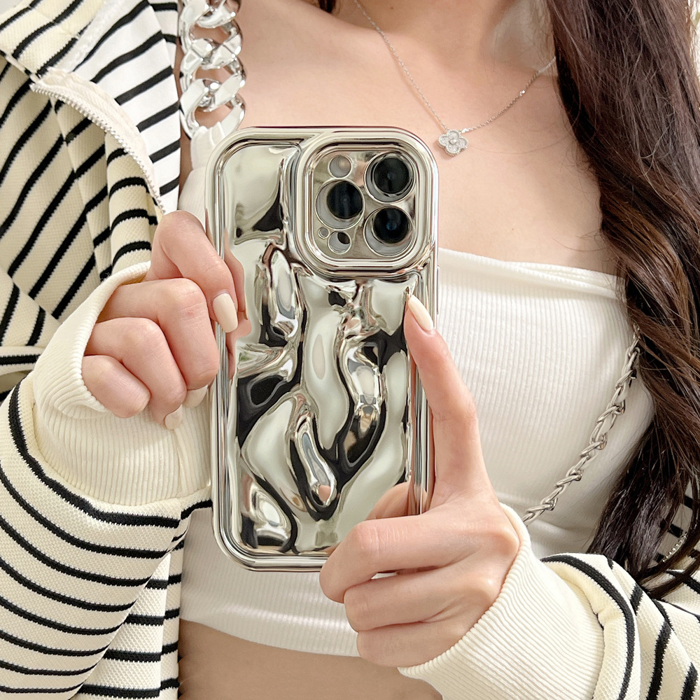 高級感電鍍銀色隕石紋適用iPhone15promax蘋果14手機殼13立體12潮