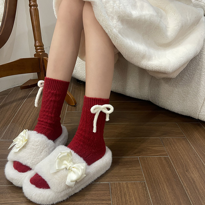 冬季新品千禧年y2k新年红羊毛蝴蝶结鹿绒加厚菱形保暖中筒堆堆袜