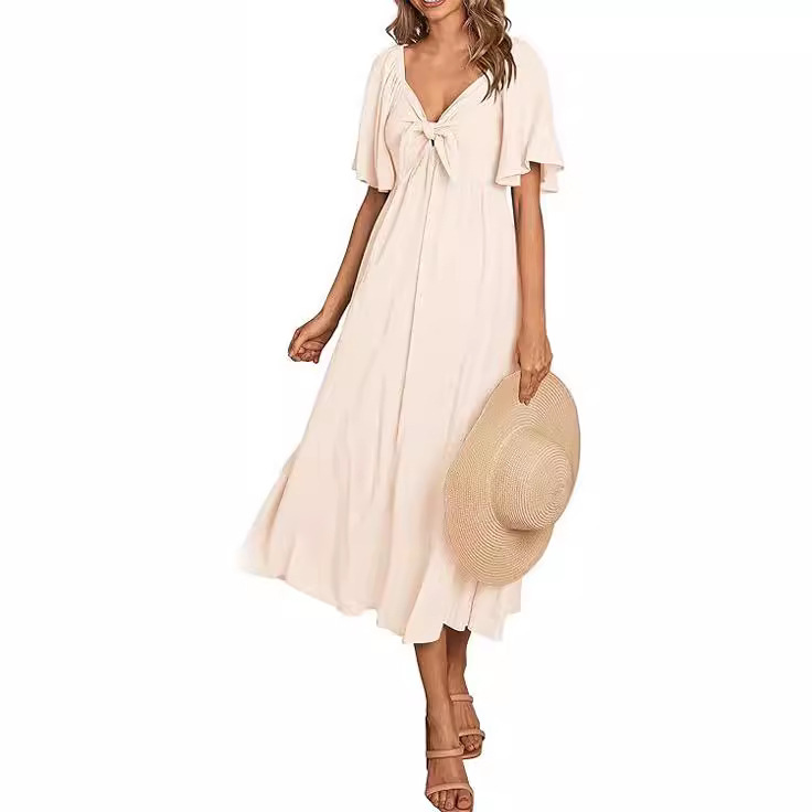 Amazon new 2024 summer women's short sleeve bow V-neck pleated long elegant dress