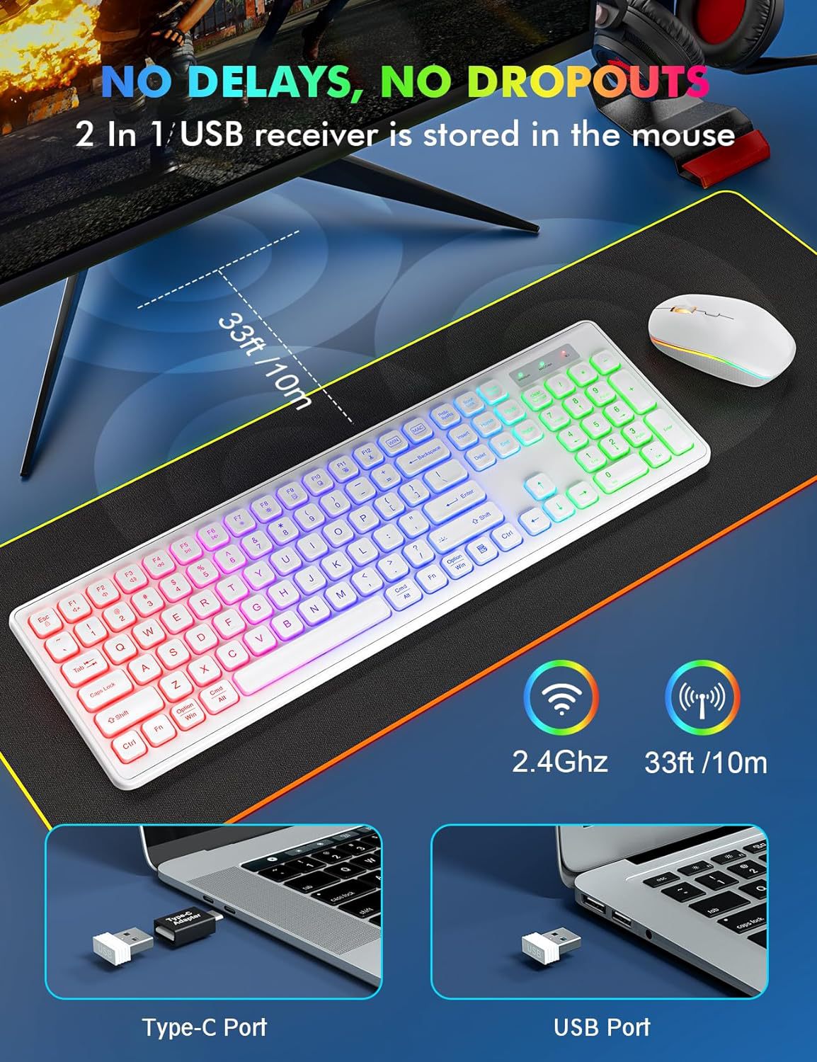 Backlit 2.4G Wireless Keyboard Mouse Combo Rechargeable RGB Full Size Ergonomic Tilt Angle Keyboard