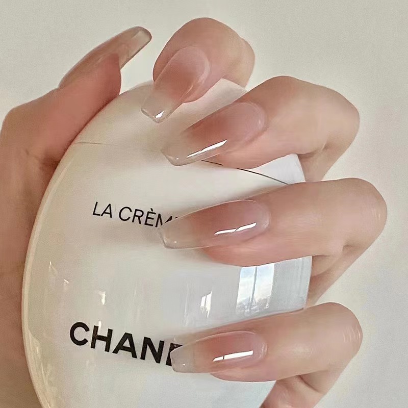 B491 fairy grass milk tea ice transparent long trapezoid European and American style wear nail manicure finished fake nail patch factory delivery