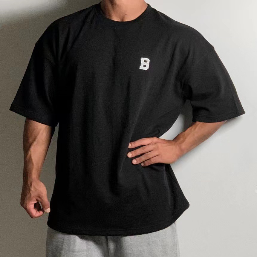 Large Size Loose Short Sleeve Men's Muscle Shoulder Half Sleeve Summer Sports Fitness Top 230g Cotton Heavy Weight T-shirt