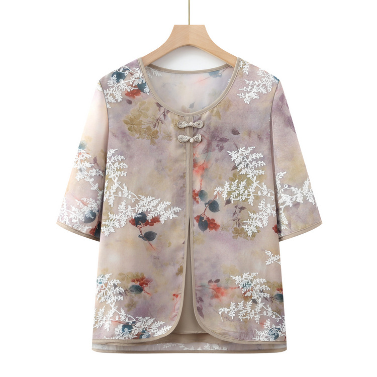 Grandma 2024 New Fake Two-piece Shirt Middle-aged and Old Spring National Style Printed Top Female Mother Spring and Summer Shirt