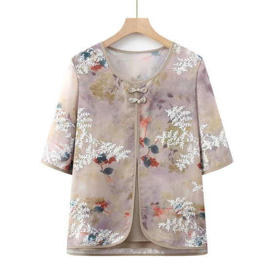 Grandma 2024 New Fake Two-piece Shirt Middle-aged and Old Spring National Style Printed Top Female Mother Spring and Summer Shirt