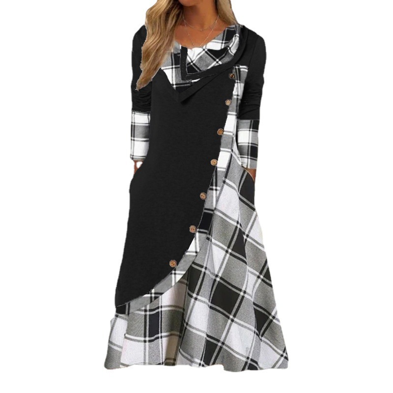 Europe and the United States cross-border Women's plaid printing stitching with pocket pile collar large size long sleeve dress factory outlet