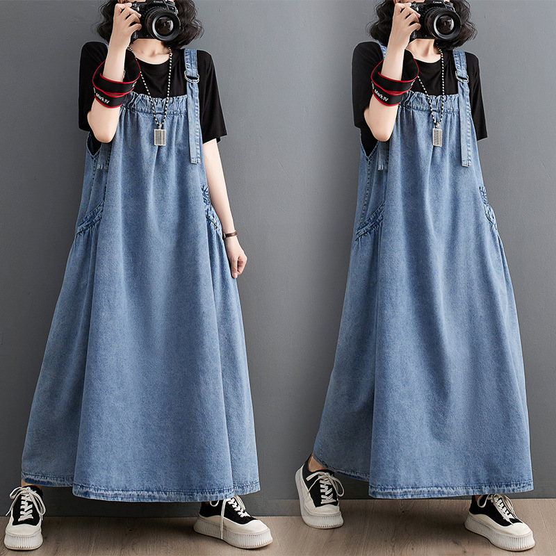 Large Size Women's 2023 Spring and Summer New Arrival Sling Long Skirt Loose Slimming Denim Suspender Skirt Large Swing Dress