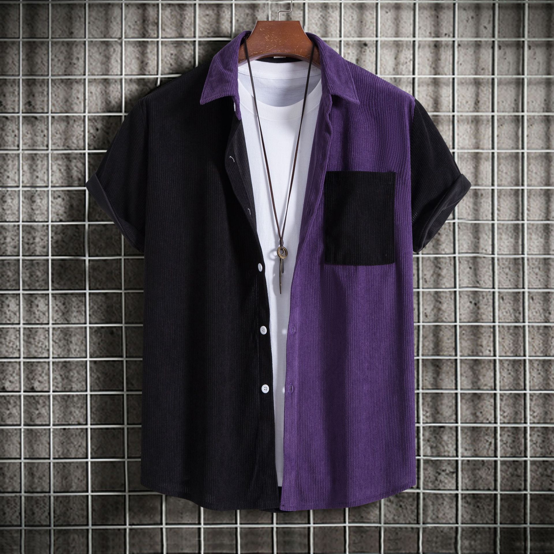 2024 summer European and American European size stitching youth lapel short sleeve shirt men's corduroy lapel striped short sleeve shirt
