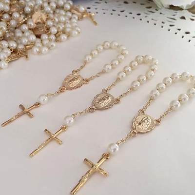 Etsy hot sale baby glass Pearl baptism communion gift love cross finger chain mini rosary