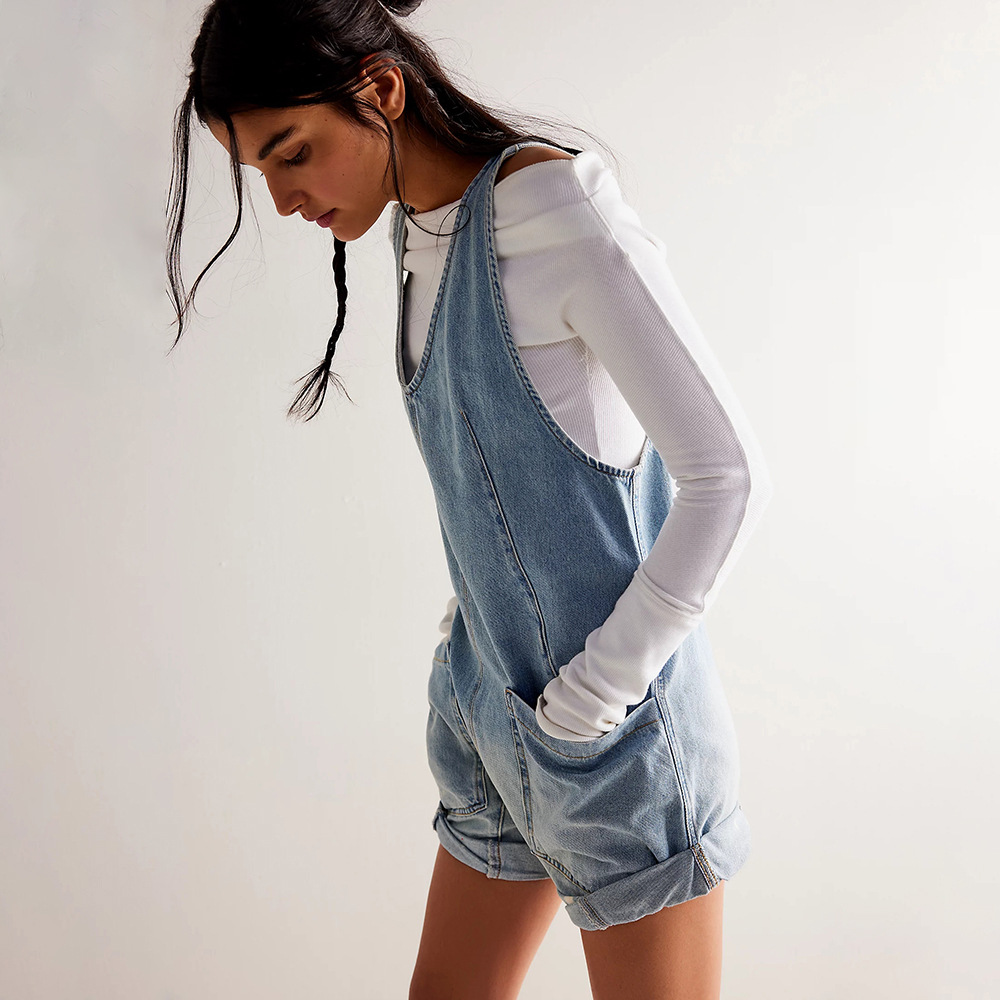 Cross-border 2024 Summer quick buy European and American new pocket strap adjustable strap wash Denim one-piece shorts