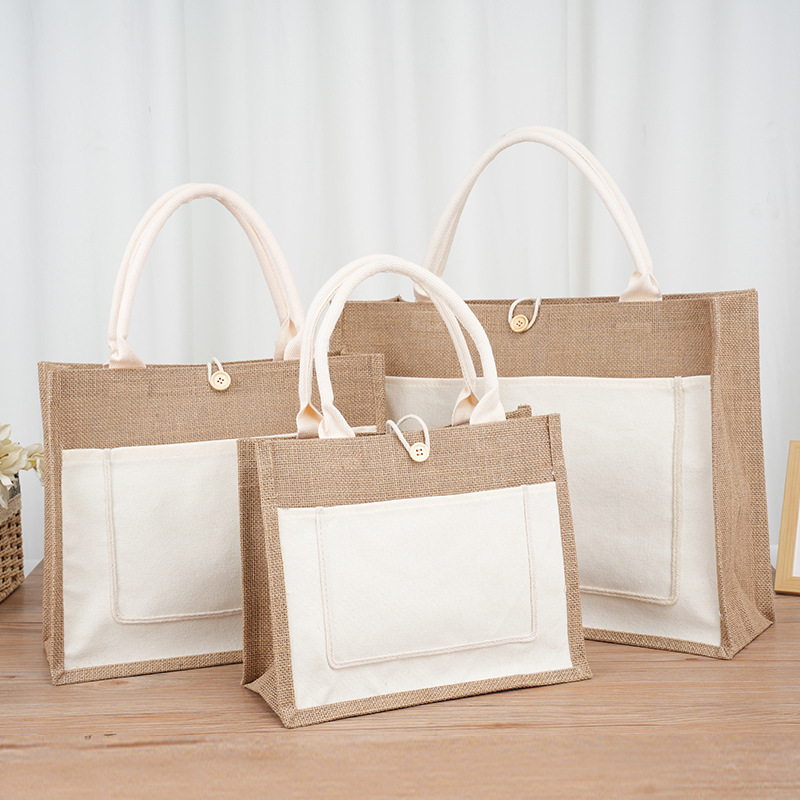 In stock wholesale jute bag canvas pocket linen bag Muji hemp bag DIY Internet celebrity linen bag with Button