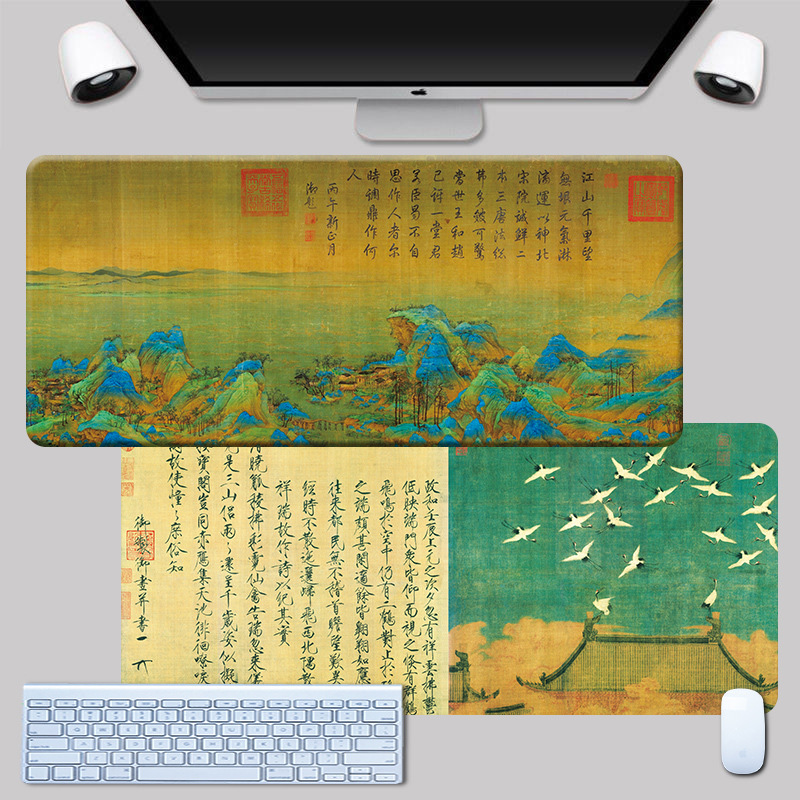 Ancient Chinese Painting Mouse Pad Oversized Office Computer Non-slip Tea Pad Thickened Table Mat Edge Lock
