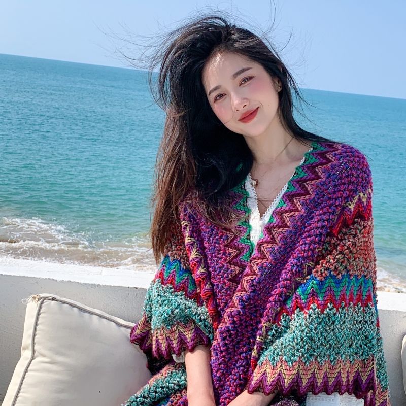 Yunnan Lijiang travel outside knitted shawl ethnic style vintage Cape cloak tassel scarf for vacation wear