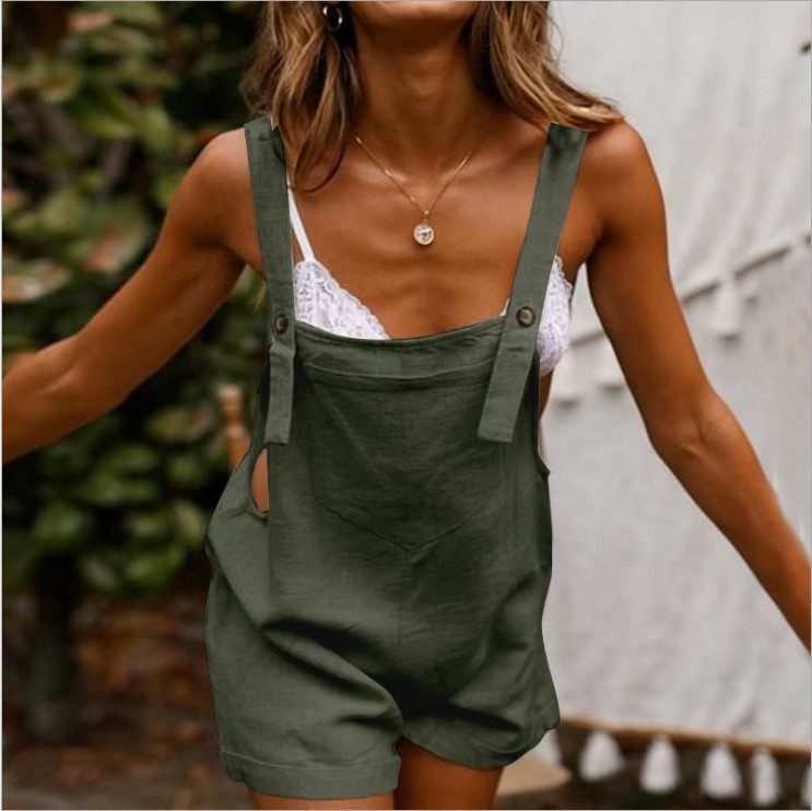 European and American 2021 summer cross-border new cotton and linen new one-piece strap solid color button casual women's shorts